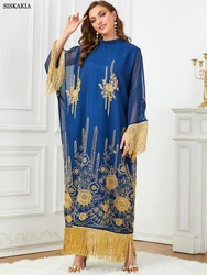 Siskakia Dubai Fashion Elegant Batwing Sleeve Tassel Embroidery Dresses Party Clothing Moroccan Saudi Kaftan Turkish Islam Robe