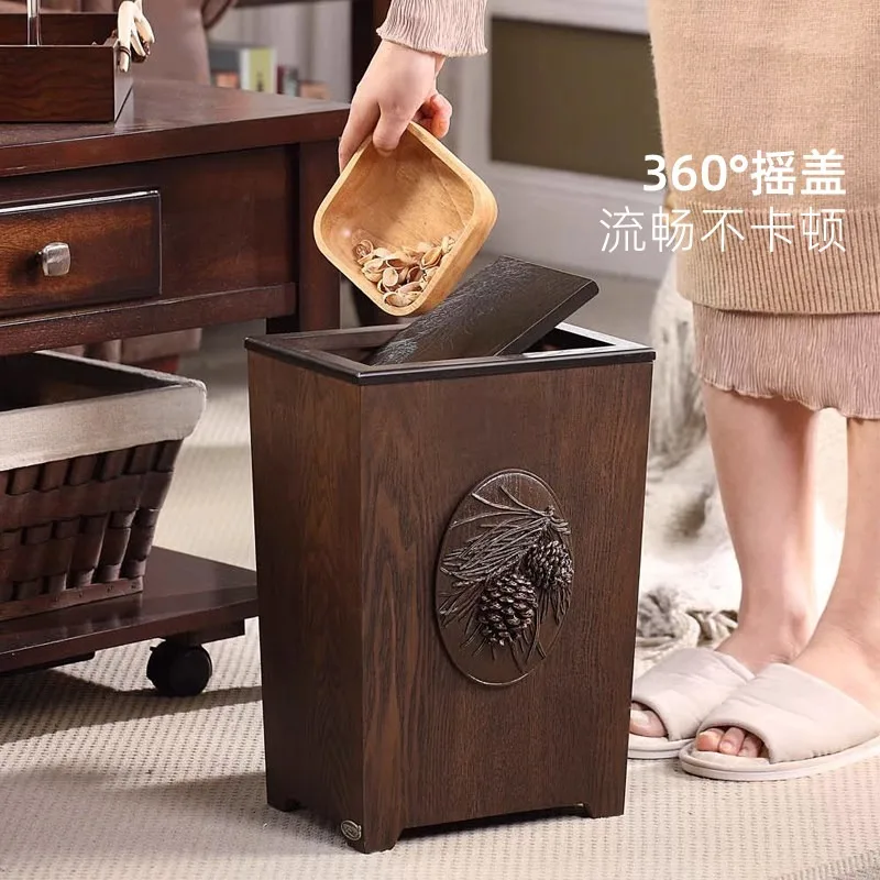 Creative Covered Trash Can Wood New Chinese Living Room Kitchen Bedroom Bathroom Covered Trash Can