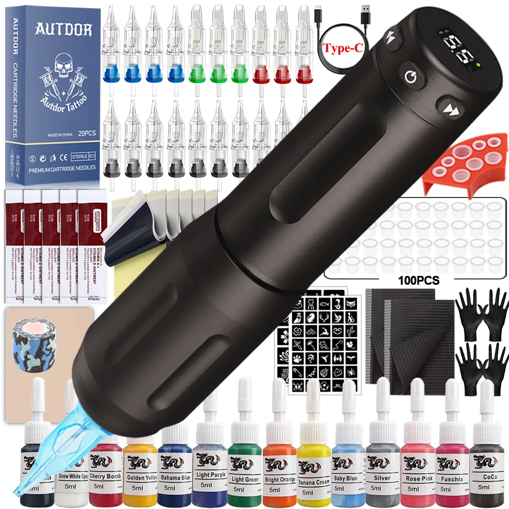 Tattoo Pen Machine Kit Battery Rotary Wireless Tattoo Machine Set with Cartridge Needles Inks for Tattoo Artist Beginner