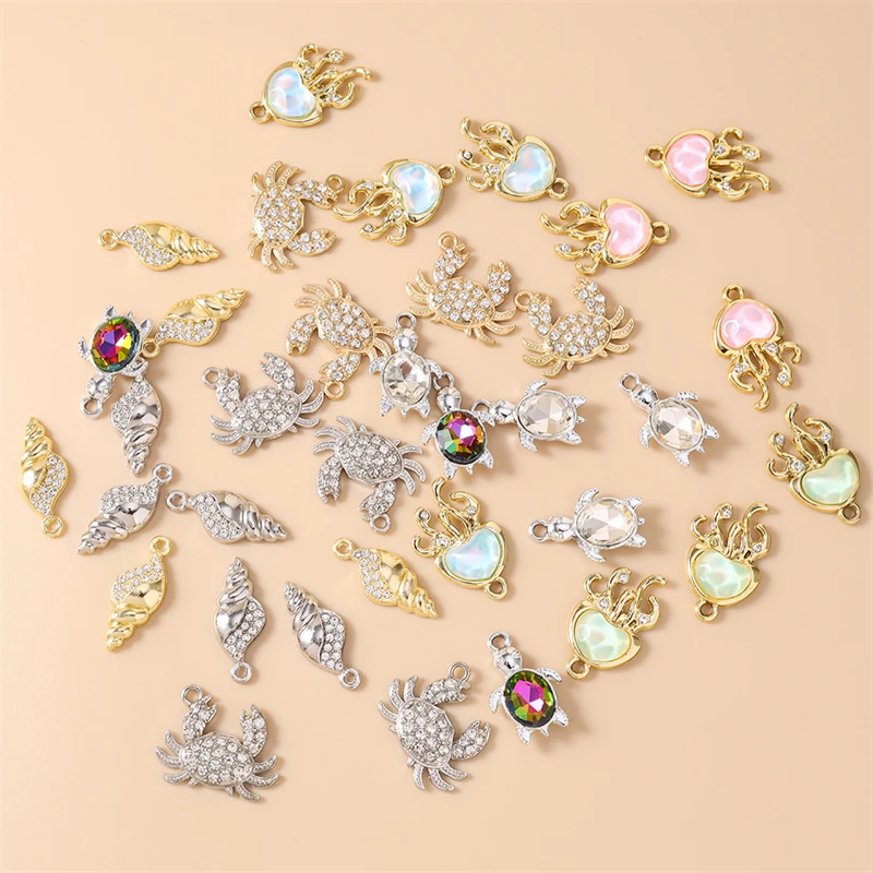 10 Stück Niedliche Kristall-Metall-Anhänger in Krabben-, Schildkröten- und Muschelform für die Herstellung von Halsketten, Ohrringen, Armbändern, DIY-Bastelarbeiten und Schmuckzubehör – Detail 3