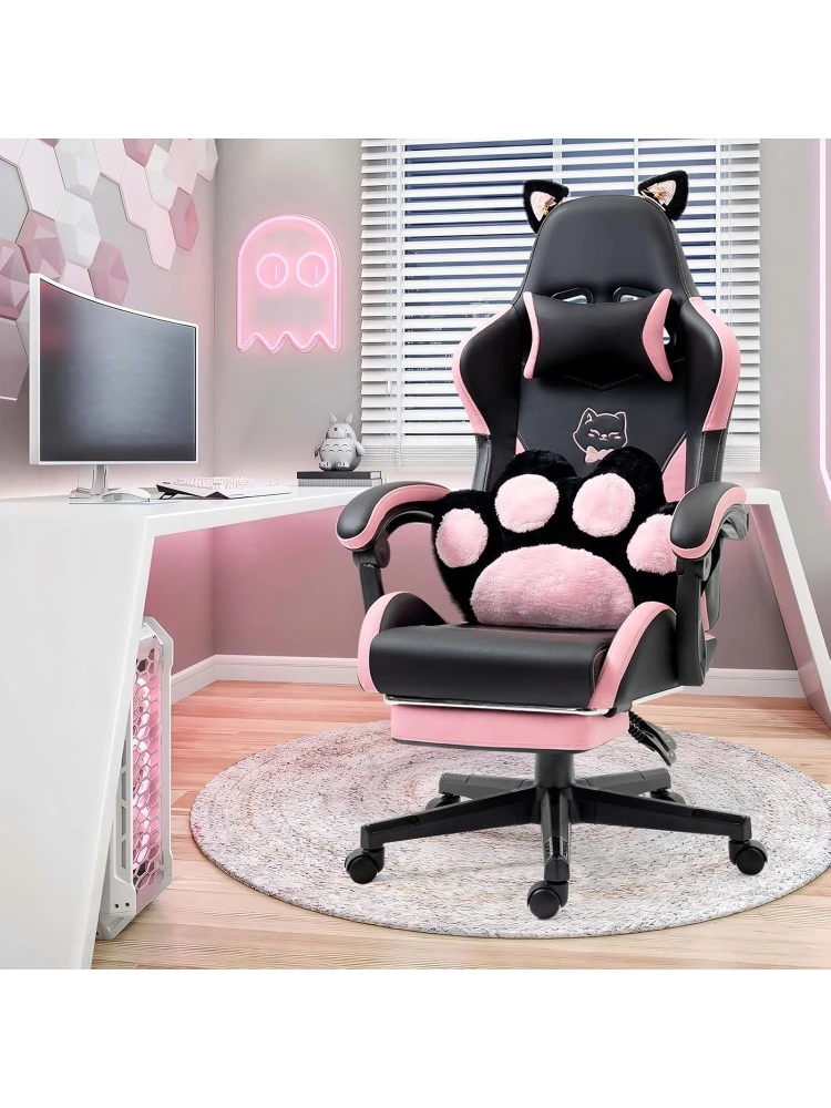 Cute Gaming Chair with Cat Paw Lumbar Cushion and Cat Ears, Ergonomic Computer Chair with Footrest, Reclining PC Game