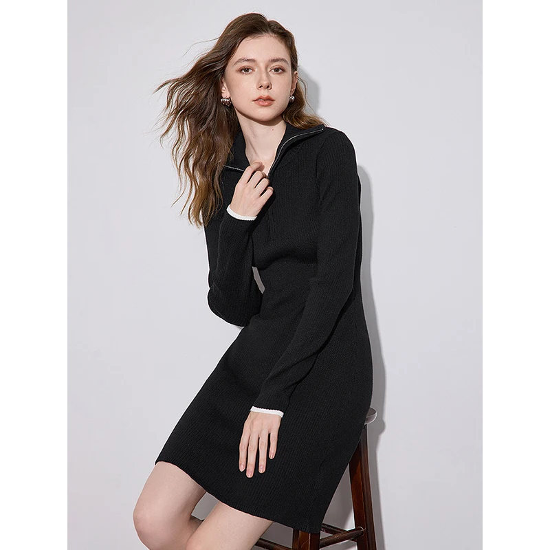 TOYOUTH Women Knitted Dress 2024 Autumn New Zipper Collar Long Sleeve A Line Slim Waist Black Mini Dress