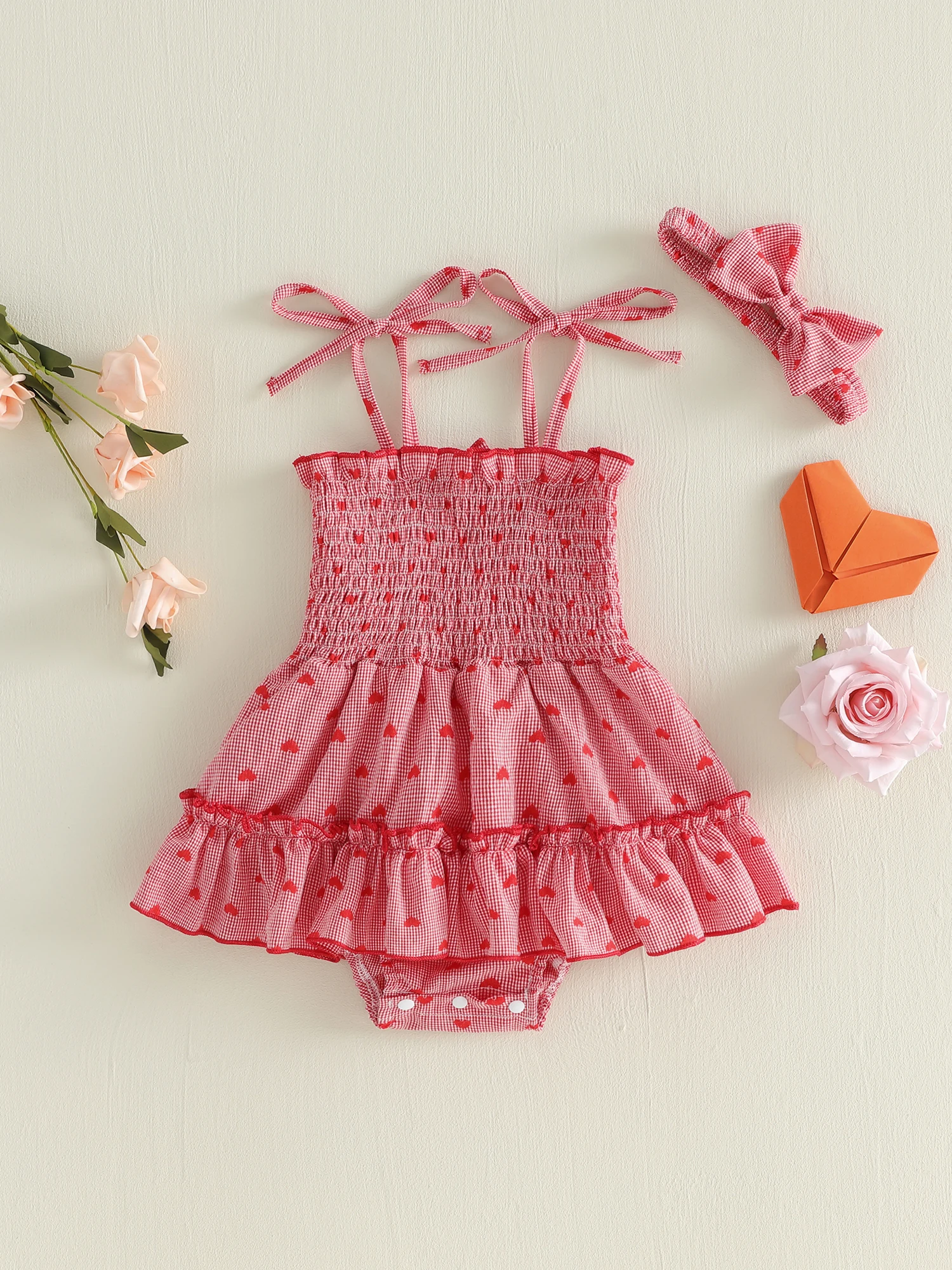 

Комбинезон с цветочным принтом и рюшами на рукавах для маленьких девочек, комбинезон, летняя одежда с повязкой на голову с бантом, милый ребенок