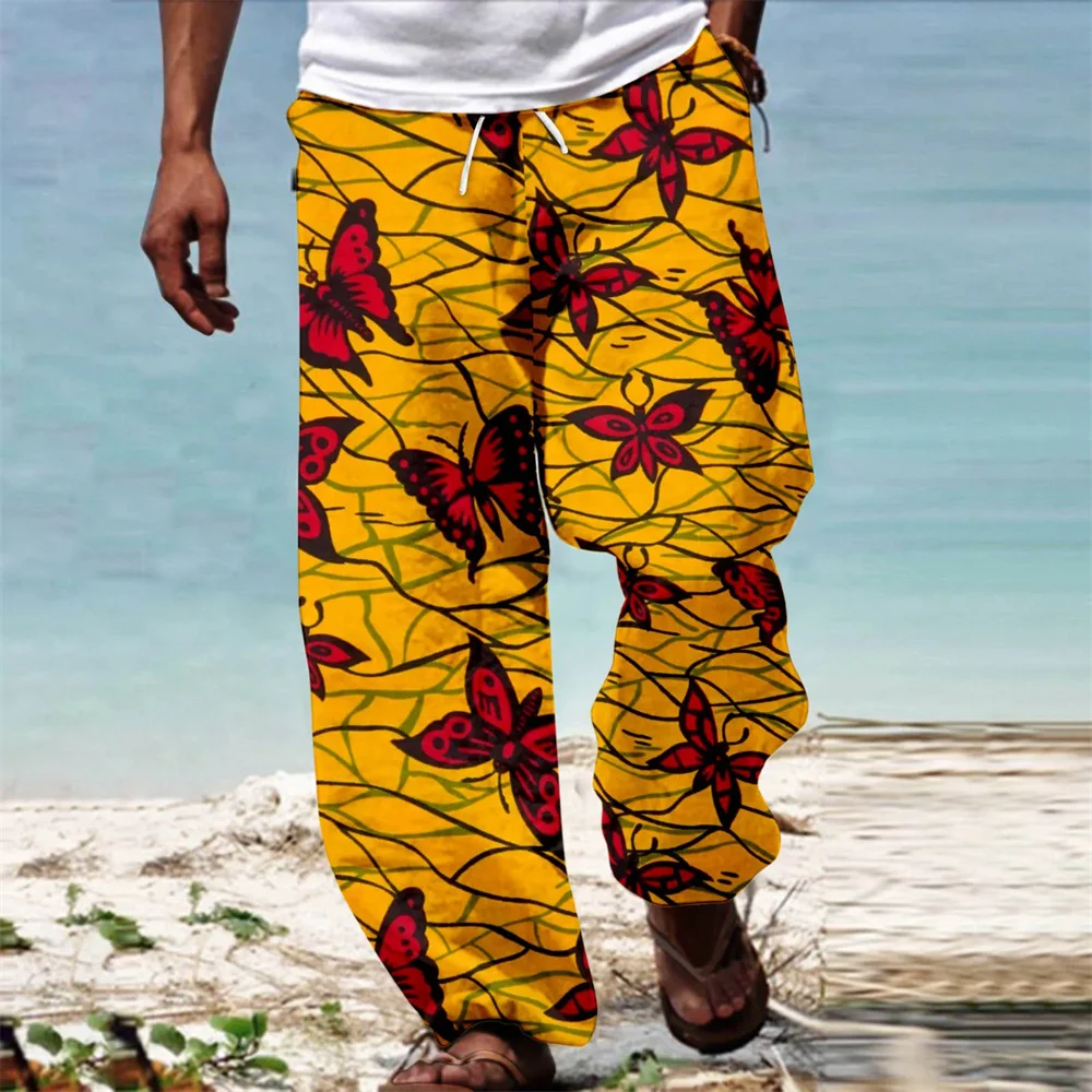 Men African Dashiki Traditional Style Casual Trouser Summer Hawaii Holiday Ankara Beach Drawstring Wide Leg Straight Pants