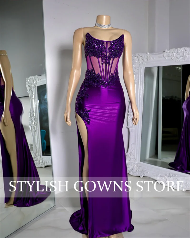 Purple Strapless Long Prom Dress For Black Girls Appliques Birthday Party Gowns High Slit Evening Dresses Customized