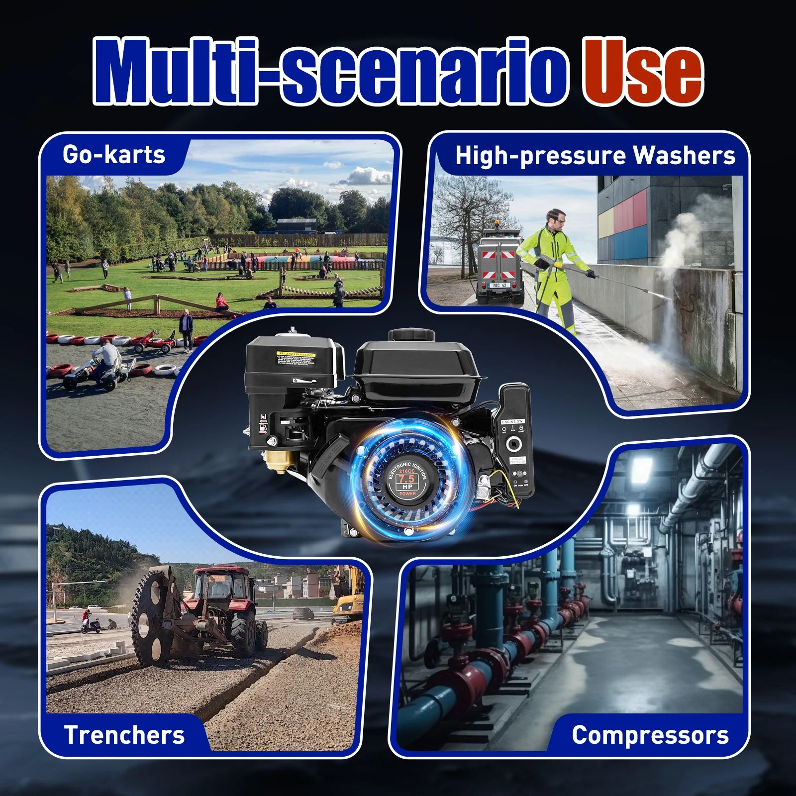 가솔린 엔진 스탠드 모터 3600 rpm 카트 모터 구동 모터, 전기 시동 7.5 HP 가솔린 엔진 플로어 모터 210 cc 풀 시동