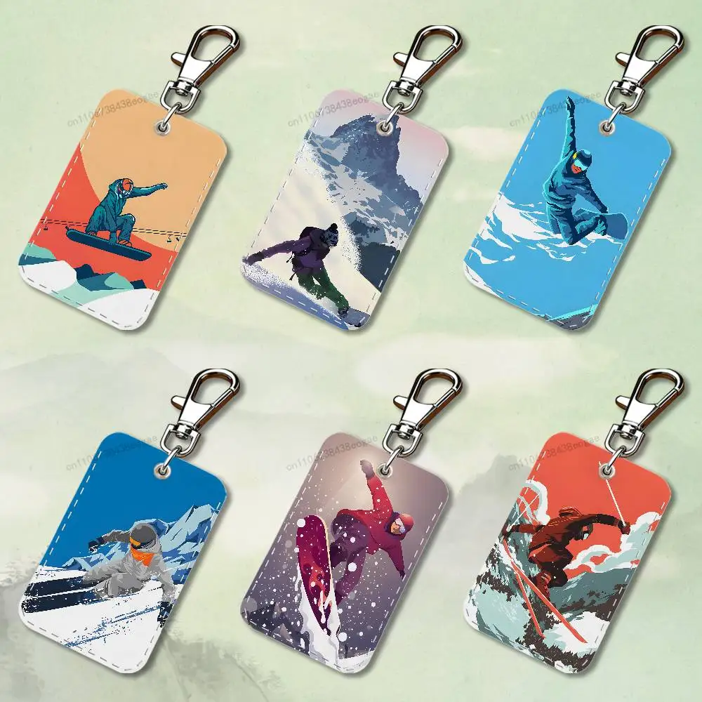 

Cartoon Snowboarding Art Rectangle Card Case Keychain Access Card Bag Key Tag Ring Leather Card Holder Key Ring Access