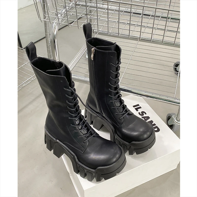 Round Toe Lace-Up Sawtooth Platform Mid-Calf Boots Woman Winter 2025 Black Height Increasing Side Zip Luxury Shoes for Women