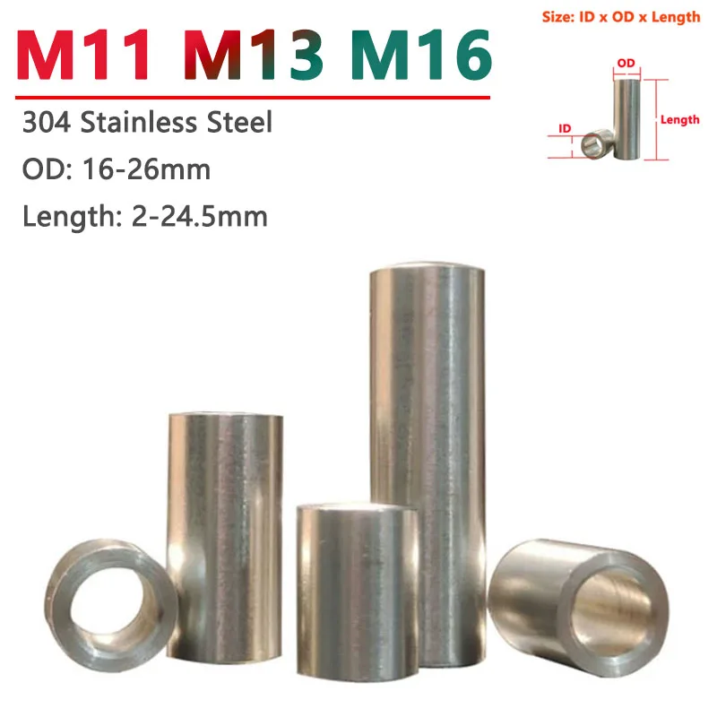 

M11 M13 M16 304 Stainless Steel Bushing Washer Round Hollow Unthreaded Standoff Spacer Gasket Sleeve OD 16-26mm Length 2-24.5mm