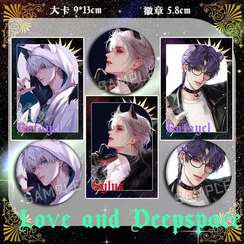 

Anime Love and Deepspace Sylus Rafayel Xavier Cosplay Badge Real-time Imaging Card Cartoon Emblem Fiche Adorn Xmas Gift