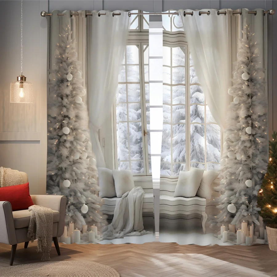 2pcs Christmas tree pattern printed blackout curtain, suitable for living room, bedroom, sliding, french window, Christmas decor