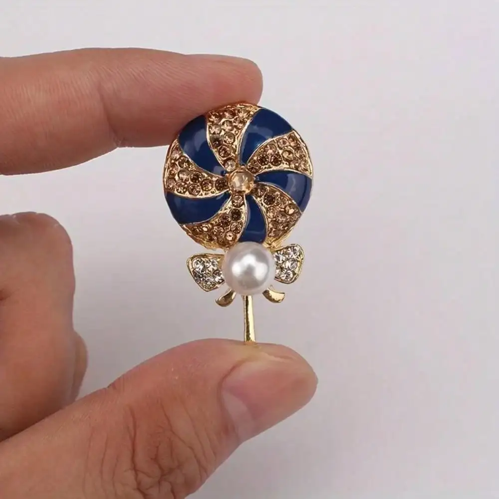 Vintage Gold-Tone Lollipop Brooch with Blue Enamel, Rhinestones, Cute Design, Fashion Statement Pin for Gift-Giving,Ideal Choice