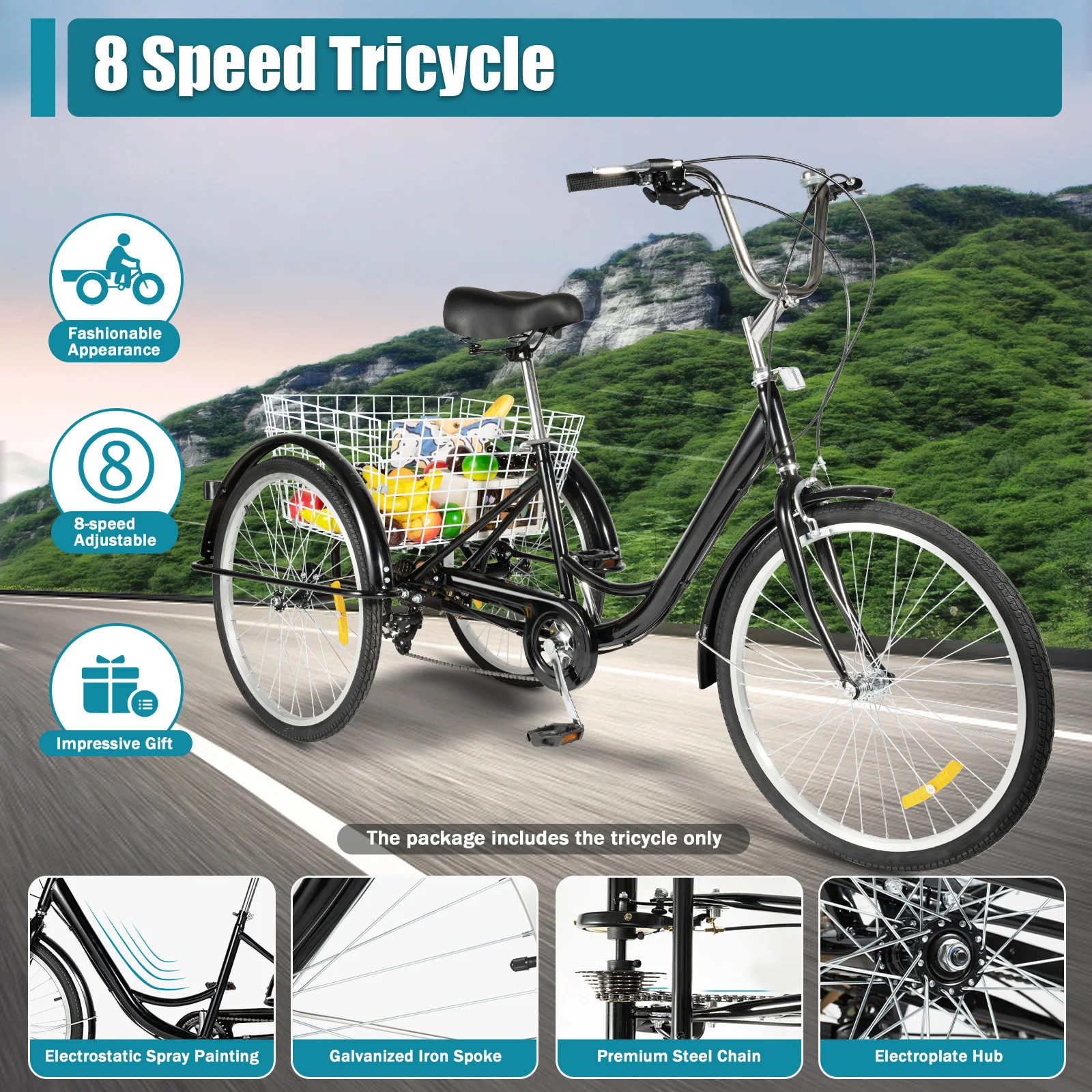 24 Inch Tricycle 8-speed Adjustable with Storage Basket Adjustable Comfortable Seat High-carbon Steel Tricycle Clamp Brake