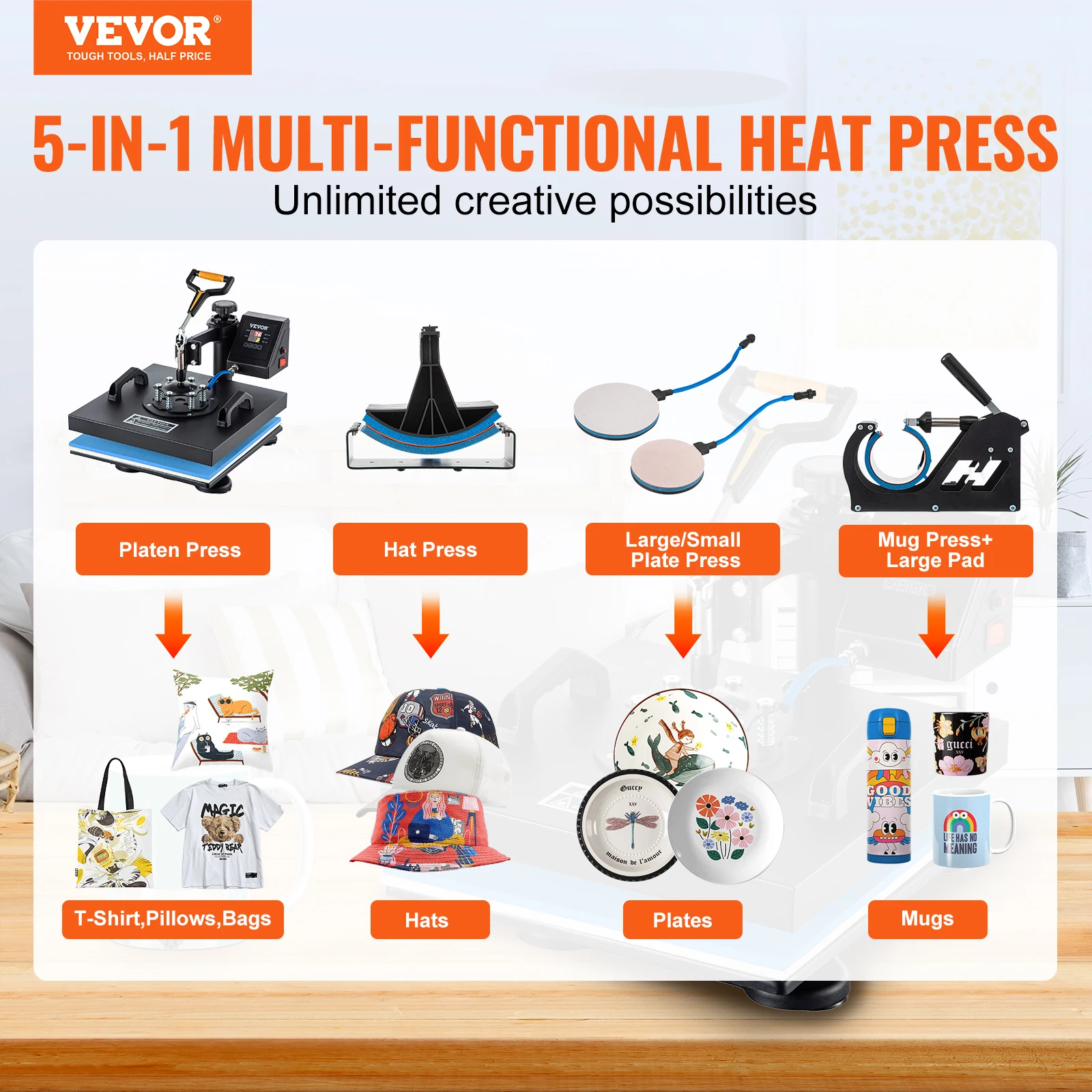 VEVOR 5 in 1 Heat Press 38CM*38CM Double Display Digital Multifunctional Sublimation for DIY T-Shirts Clothes Hat Mug Cap Plate