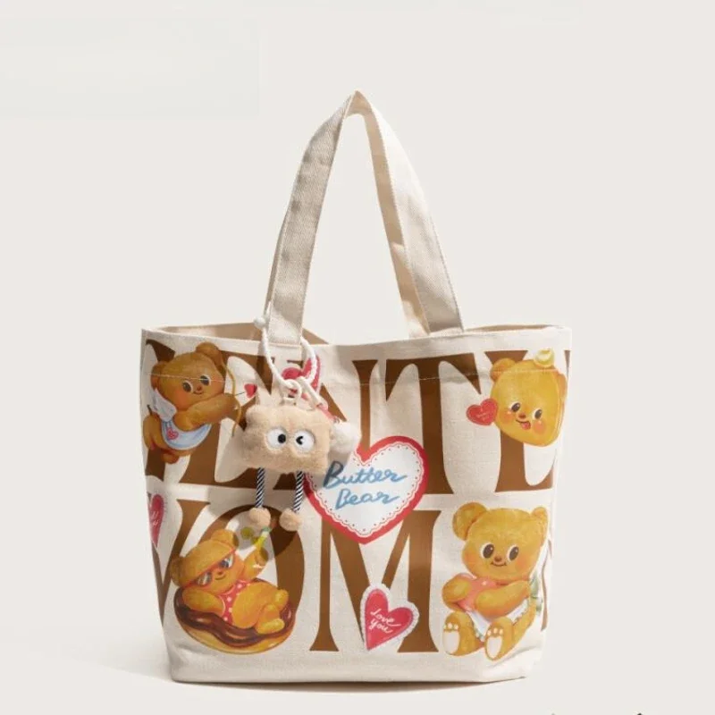 Cartoon Butterbear Canvas Bag Large Capacity Trendy Tote Bag Cute GW Commuting Casual Shoulder Bag Cute Fashion Women's Style