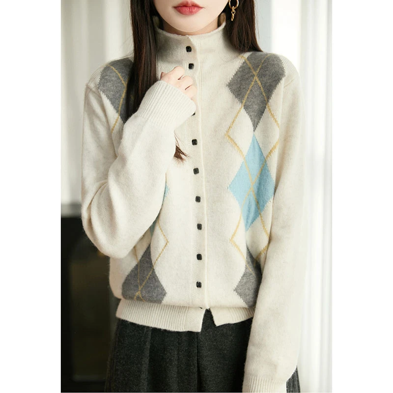 

Colored Rhombic Cardigan Retro Autumn Winter Women Sweater Joker Niche Knit Coat Single Breasted High Collar Casual Female Tops