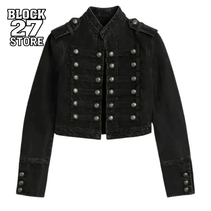 Y2K Retro Hussars Jacket Stand Collar Double Breasted Button CroppedMens Jacket Vintage Metal Buckle Washed Denim Coat Unisex
