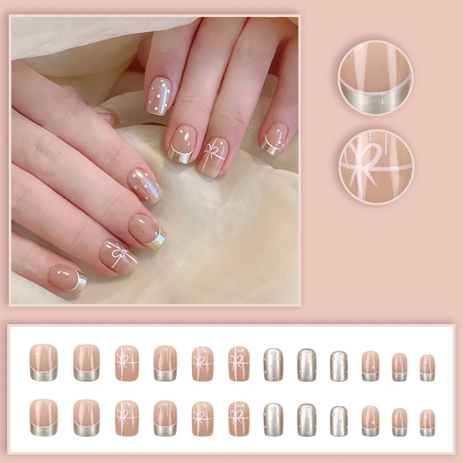 Short Square fake nails for women girls nude red colors with polka dots or cherry heart french style press on false nail art