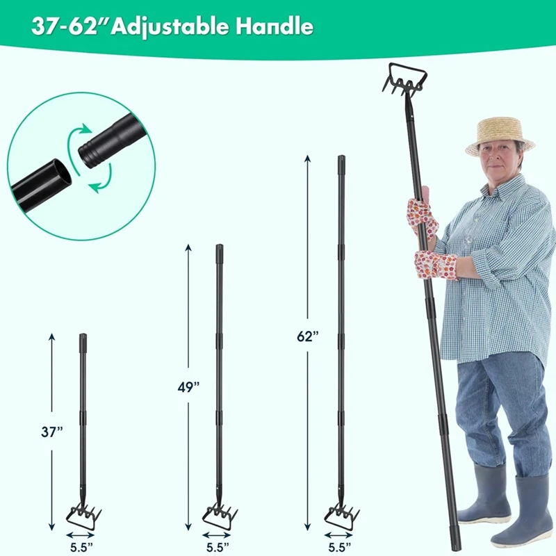 Azada de jardín, azada con estribo largo de 62 pulgadas, cultivador de herramientas de jardín para deshierbe, azada de jardín resistente con mango ajustable