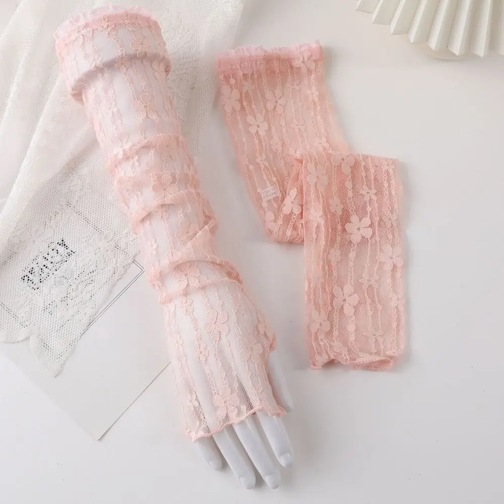 

Summer Outdoor Breathable Sunscreen Sleeves Lace Mesh Ultra Thin Lace Arm Sleeves UV Protection Fingerless Driving Gloves Girls