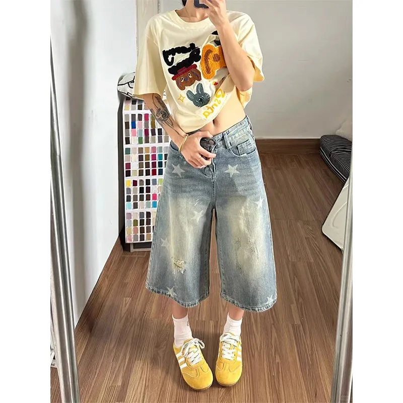 Retro Star Print Distressed Straight Leg Seven-Foot Pants Women's Summer New Style plus Size Small Kids Vintage Mid-Length Jeans