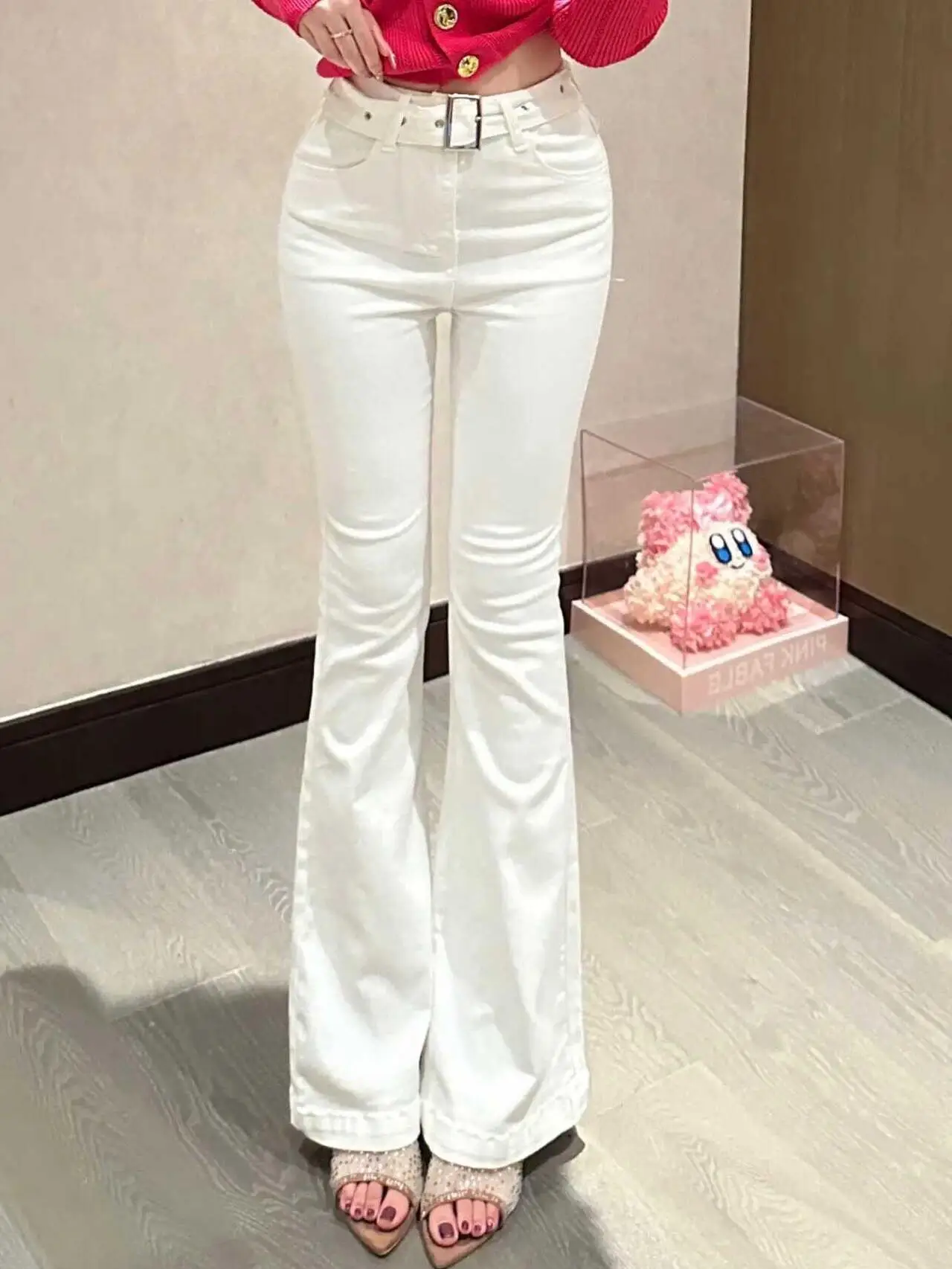 

High Waist Stretchy Slimming Denim Jeans Belted White Autumn Winter New Style Long Leg Effect Micro Flared Women's Jeans