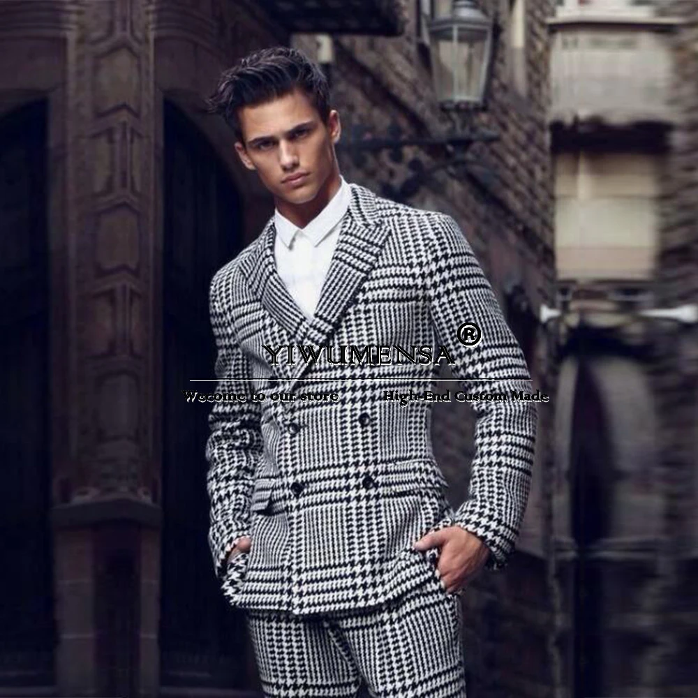 

Classic Houndstooth Suits Men Business Office Double Breasted Blazer Trousers 2 Piece Bridegroom Tuxedos Bespoke Man Clothing