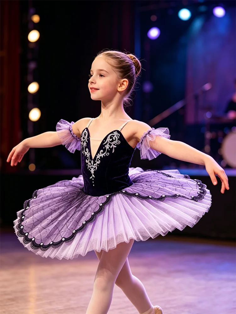 Mädchen Lila Ballett-Tutu-Kleid Professionelles Schwanensee-Kostüm mit Pailletten-Oberteil Kinder-Tanzrock & Trikot