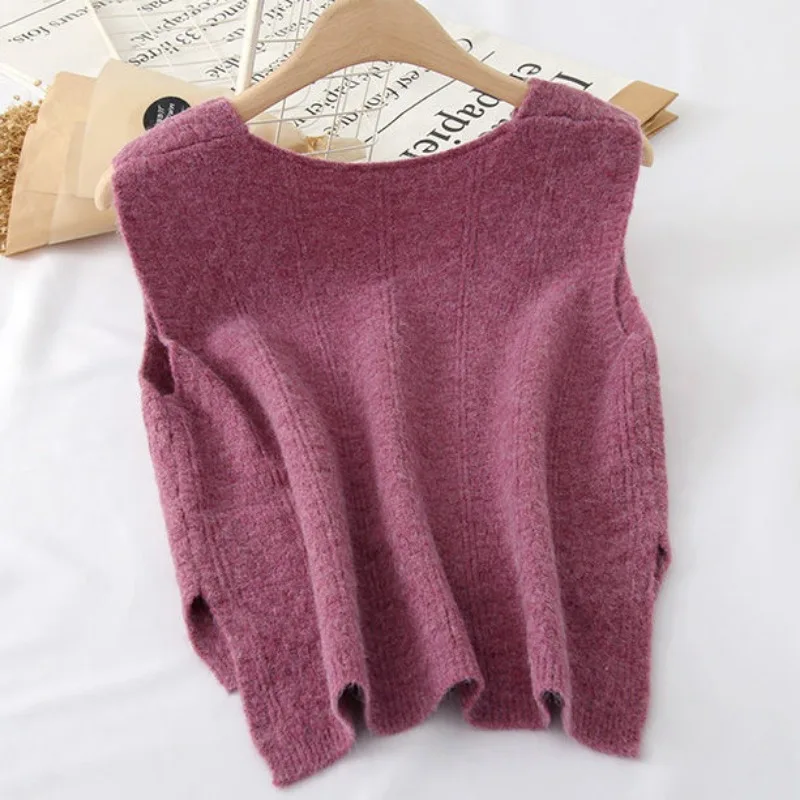 Knitted Sweater Vests Women Solid V-neck Short Chic Outerwear 6 Color Autumn Winter Tops All-match Gentle Fluffy Female Slouchy