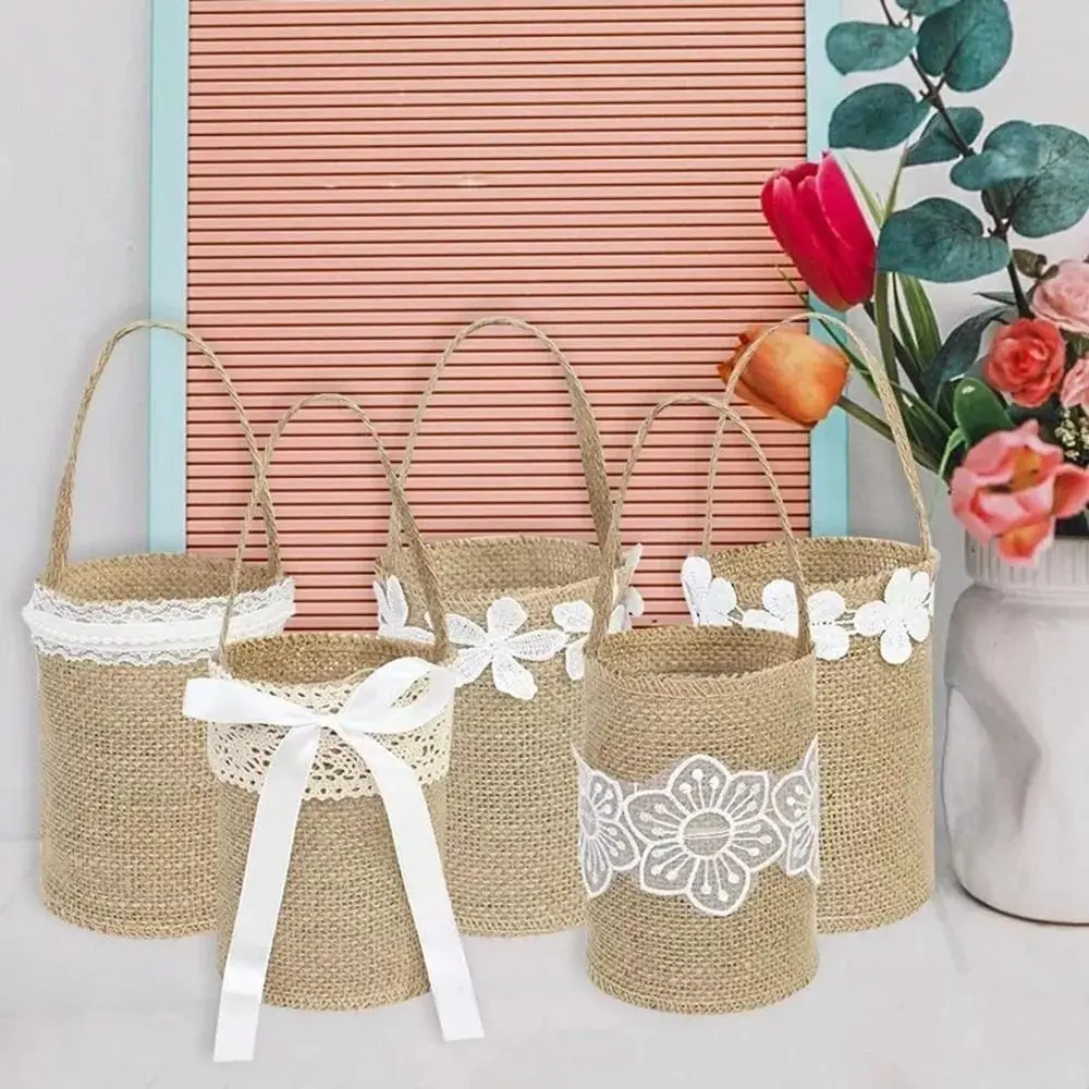 New Portable Burlap Flower Basket Vintage Small Lace Flower Flower Girl Basket Durable Party Decoration Candy Gift Bag Wedding