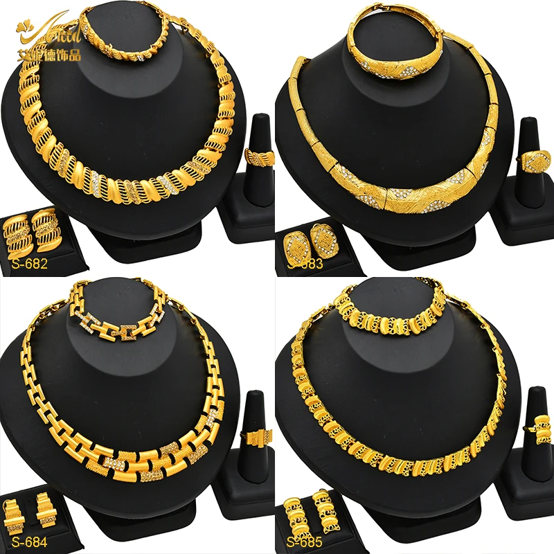 

Dubai Fashion 24k Gold Color Choker Jewelry Sets for Women African Indian Bridal Necklace Earrings Necklace Ring 4Pcs Set Gifts