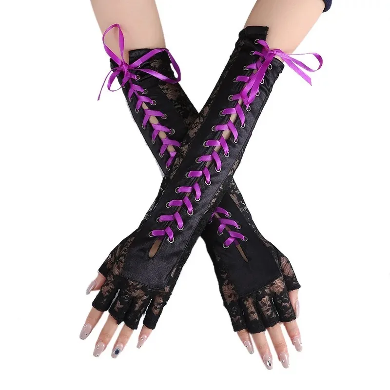 Womens Sexy Elbow Length Punk Fingerless Lace Up Arm Warmer Lace Gloves, Black,White，Halloween Punk  Cosplay One Size