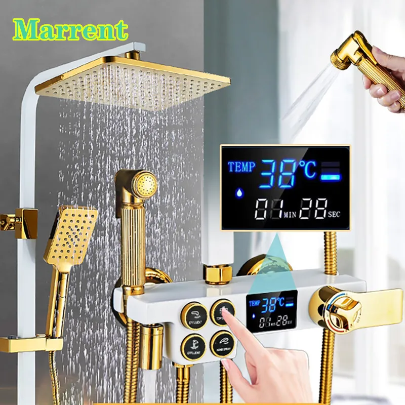 

White Gold Digital Shower Set Quality Brass Bathroom Faucet Hot Cold Water Tap Rainfall Shower Head Thermostatic Shower System