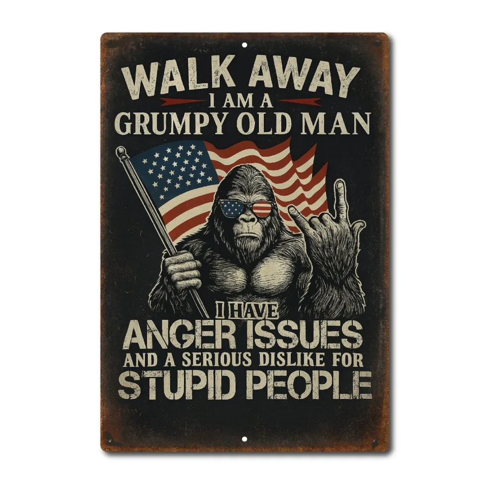 Grumpy Old Man Lustiges Blechschild – Bigfoot Patriotisches Dekor für Männerhöhle, Retro-Wandgeschenk