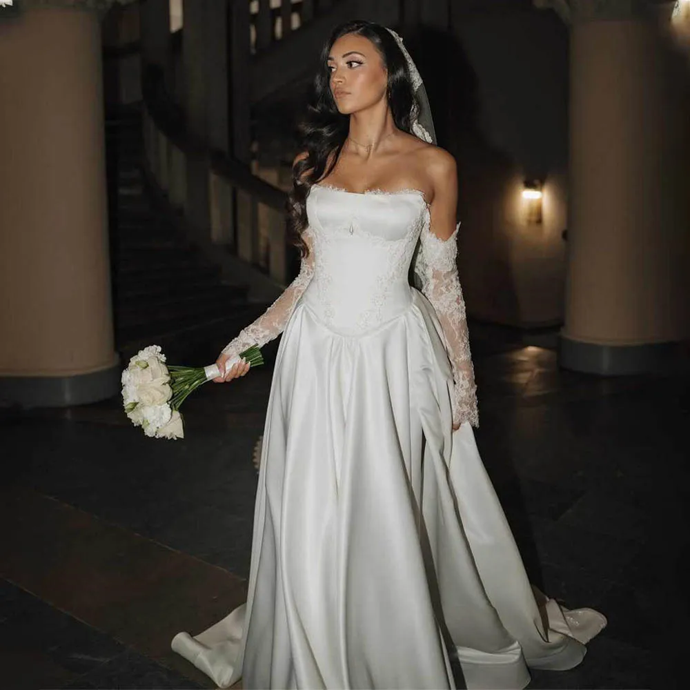 

Elegant Long Sleeves Strapless Satin Bridal Grown A Line Wedding dresses Side Slit Custom Made 2026 Vestido De Noival