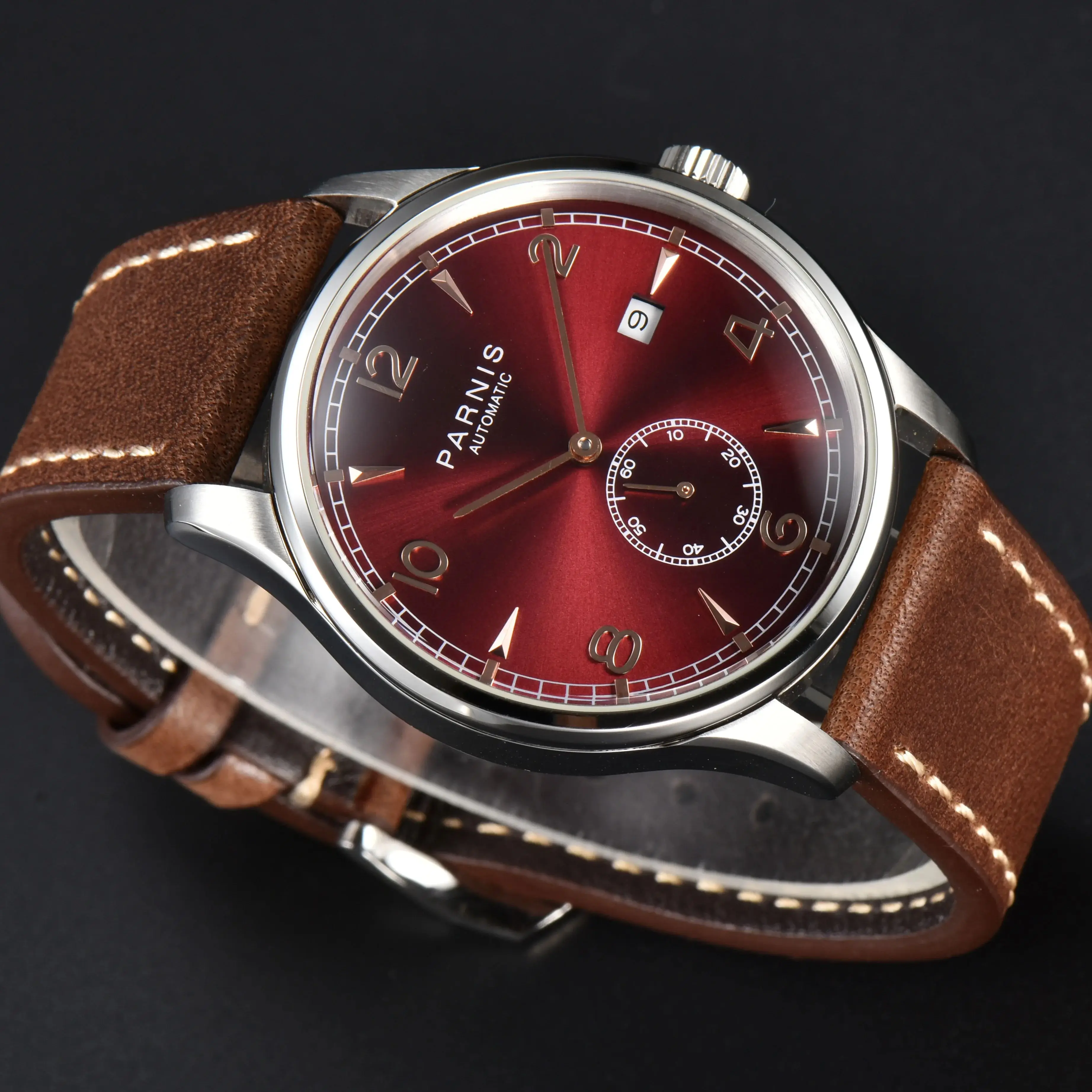 Neue Ankunft Parnis 41,5mm Rotes Zifferblatt Mechanische Automatische herren Uhren Kalender Lederband Luxus Männer Uhr relogios masculino