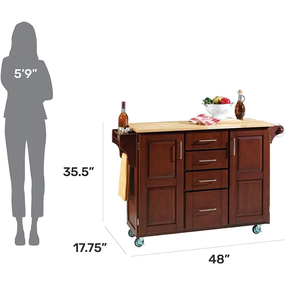 Mobile Create-a-Cart Cherry Finish Two Door Cabinet Kitchen Islands Cart with Natural Wood Top, Adjustable Shelving