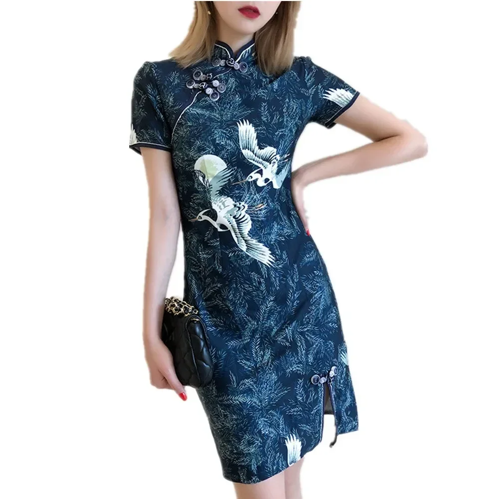 

2021 Chinese Dress for Women Elegant Vintage Print Crane Qipao Dress Vestidos Sexy Party Wedding Split Cheongsam Dresses Quipao