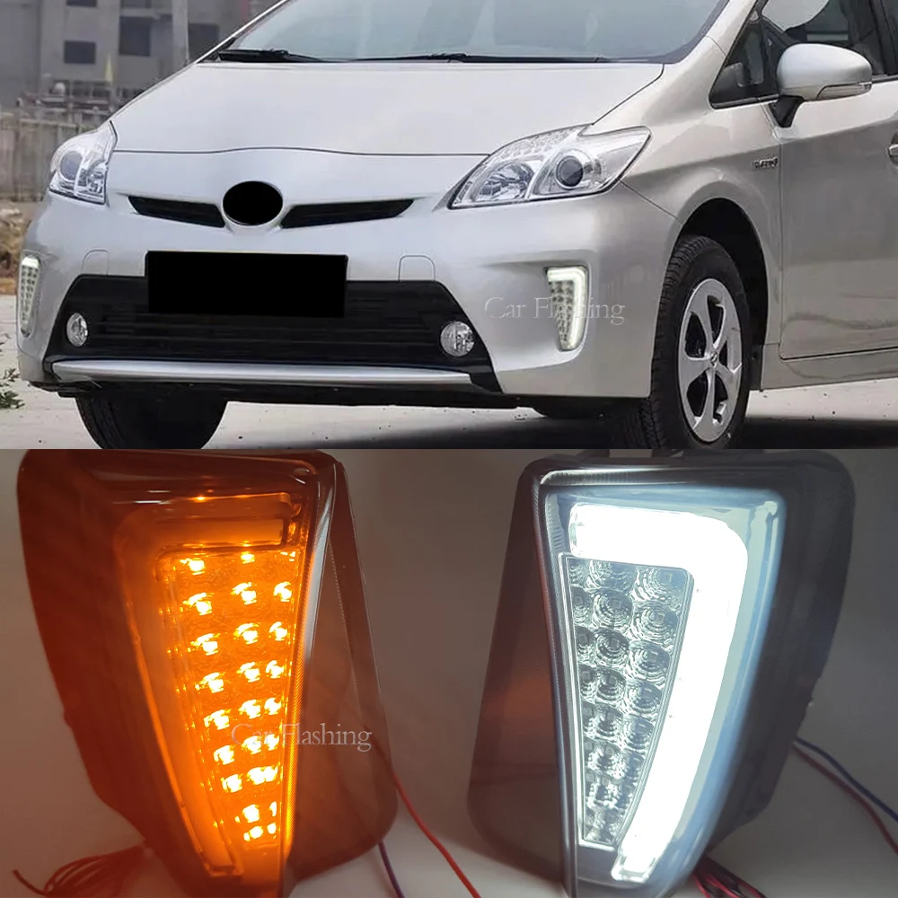 1Set LED Front Bumper Fog Lamp DRL Daytime Running Lights Yellow Turn Signals light For Toyota Prius ZVW30 2012 2013 2014 2015