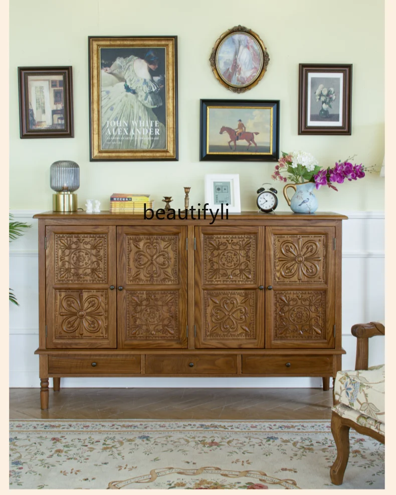 

American-Style Wood Carved Entrance Cabinet Vintage Oak Sideboard Cabinet Living Room Furniture Locker