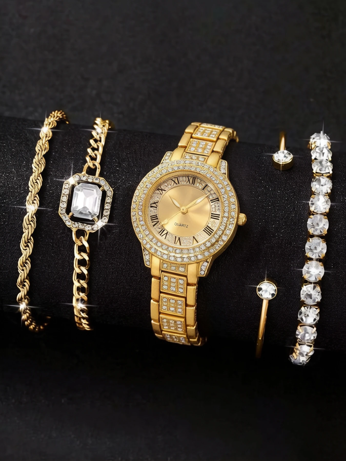 5-piece fashionable women's Roman pattern watch set, treasure bowl quartz watch set, full diamond bracelet quartz watch set