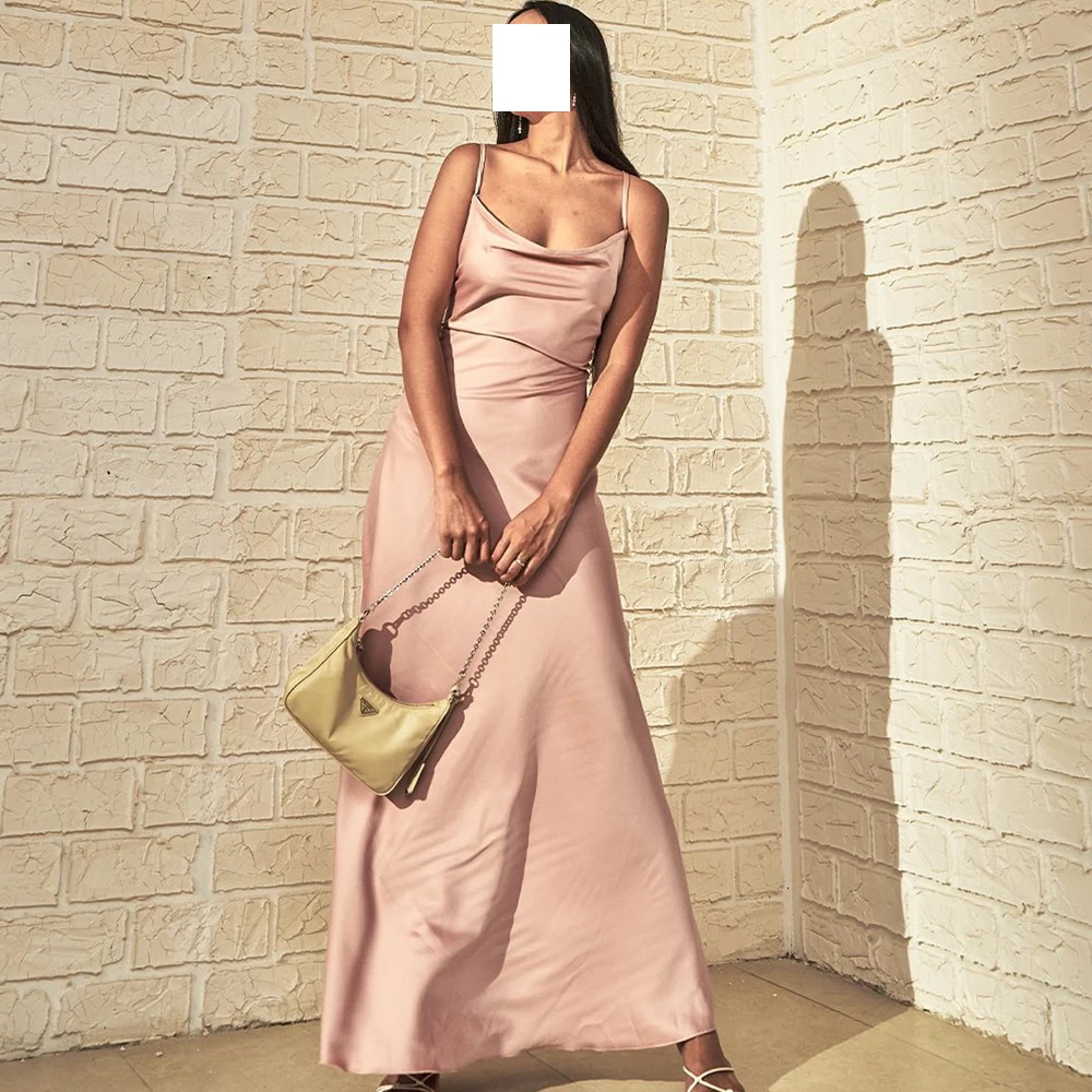 

Saudi Evening Bridesmaid Gowns Spaghetti Strap Strapless Sleeveless Straight Pleats Ankle Length Solid Color Lace up Back