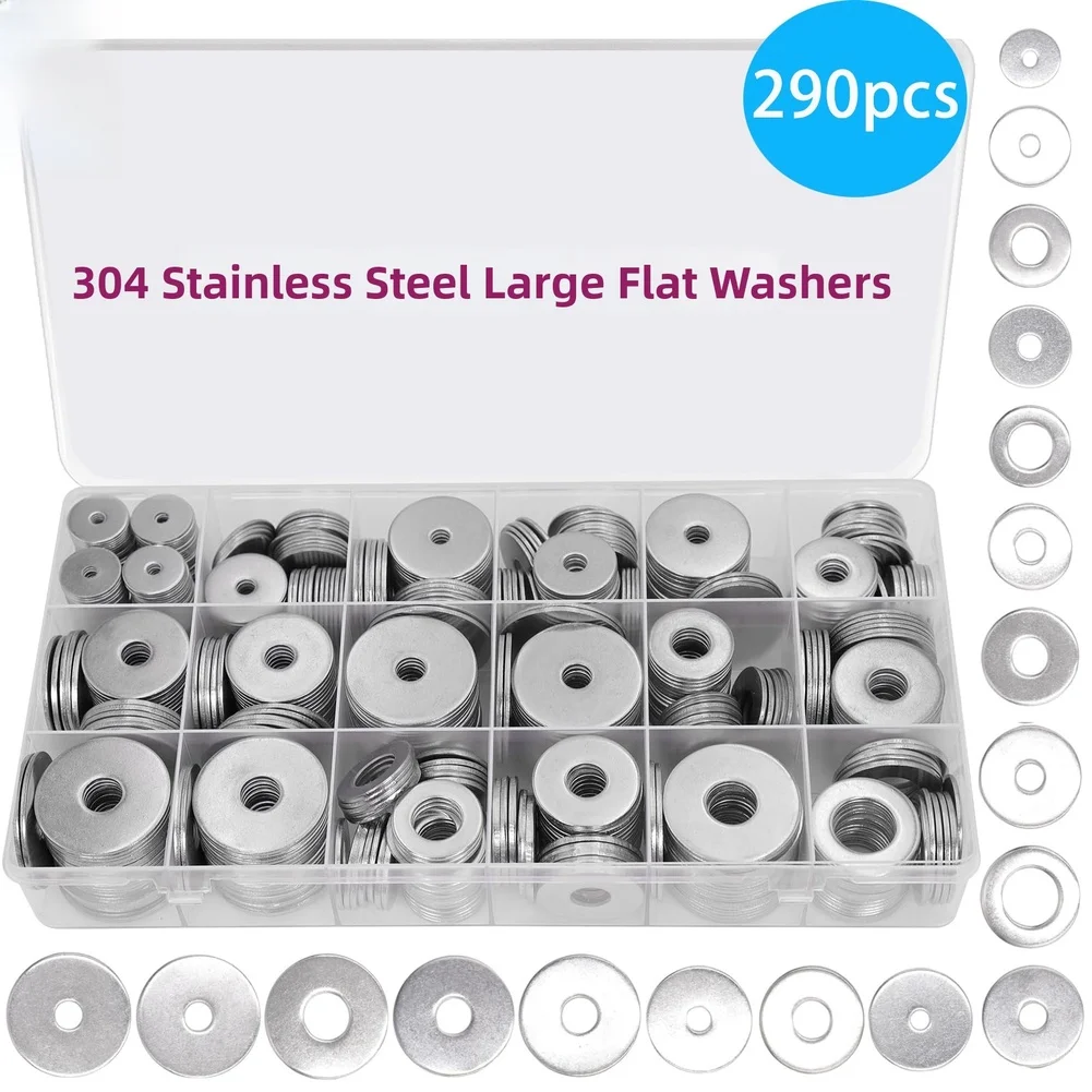 304 Stainless Steel Flat Washers Assortment Kit 290Pcs Boxed  FOR M3  M5  For M6 M8 Gasket Kits Power Tool Accessories