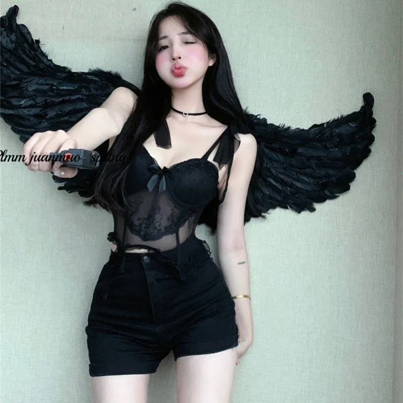 Sweet Spicy Lace Camisole Vest Female Collarbone Lace Up Fishbone Bra Bow Splice Sleeveless Fashion Summer Slim Chic Lady Top