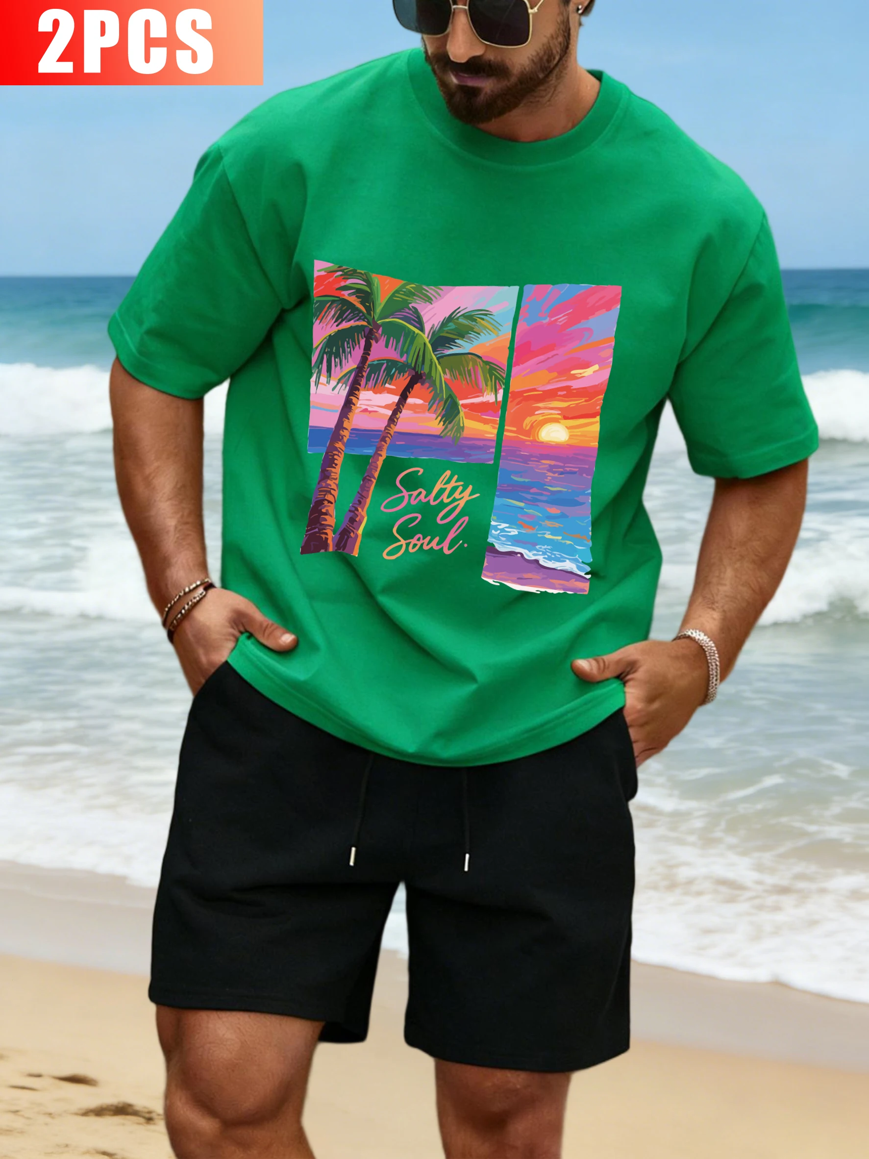 

Salty Soul Beach Coconut Tree Sunset T Shirt Suit Men Summer O-Neck Cotton Tee Loose Drawstring Shorts Unisex Casual Streetset
