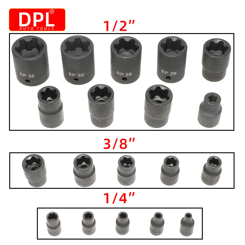 External Torx Plus Socket Set 6 Point EP Socket EP4, EP5...EP11, EP12...EP32 with 1/2\'\' 3/8\'\' 1/4\'\' Dr E-Torx Plus Socket 19pc