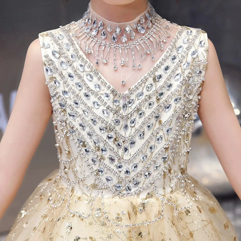 Champagne Prinses Speciale Gelegenheid Bloemenmeisje Jurk Bruiloft Feest Schoolfeest Verjaardag Eerste Communie Baby Kind Kind Optocht Jurk A50