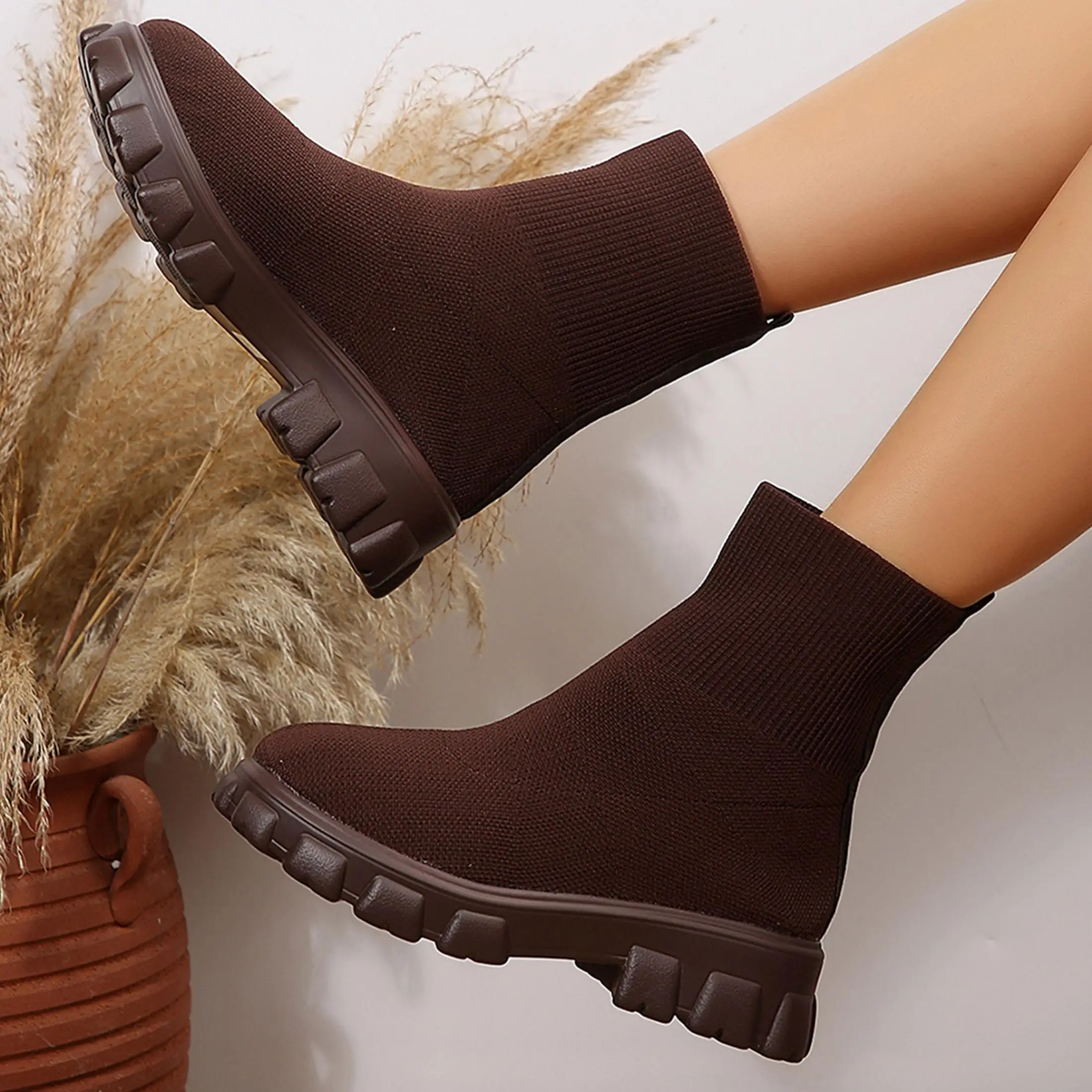 Ankle Boots for Women Comfortable Round Toe Slip On Stretch Soft Chunky Block Heel Knit Platform Boots Punk Dress Sock Boots - view 3