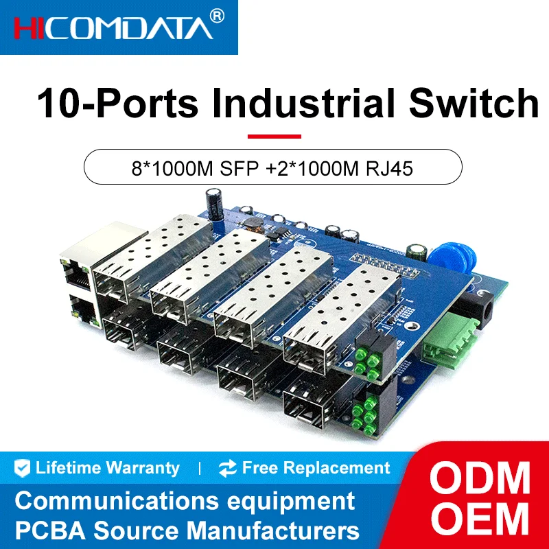 

HICOMDATA Gigabit Industrial Ethernet Switch.10-Ports Industrial Gigabit Switch PCBA with 8*1000M SFP port +2*1000M RJ45 ports