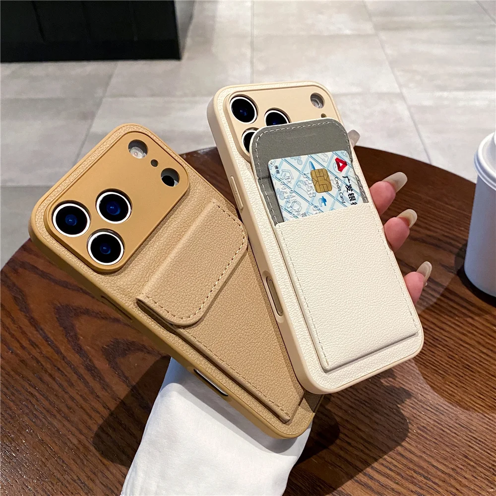 luxury Leather Card Holder Wallet Case For iPhone 11 12 13 mini 14 15 16 E 17 18 Pro Max 8 7 Plus X Camera Lens Protection Cover